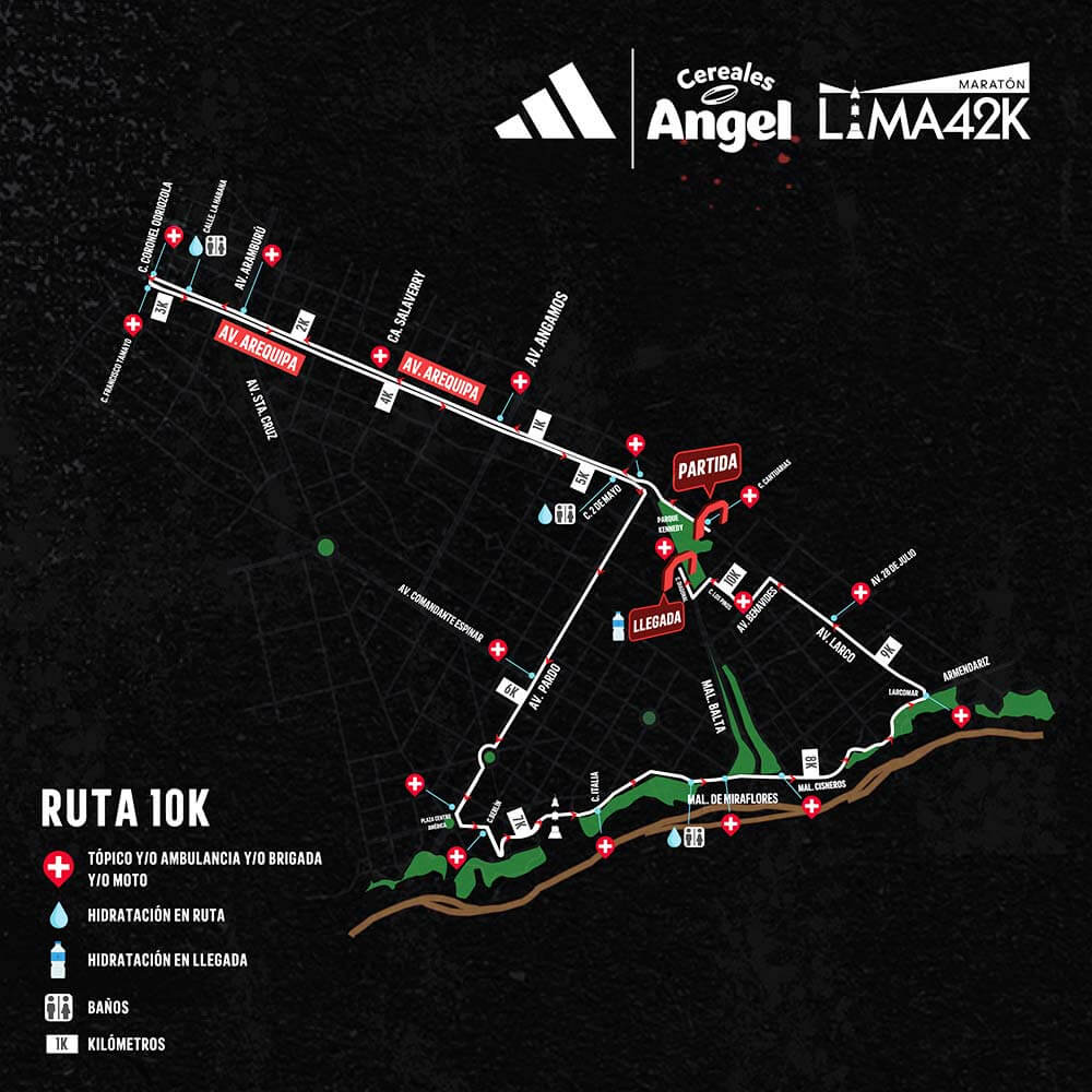 Mapa de la Ruta 10K de la Maratón Cereales Ángel Lima 42K 2023