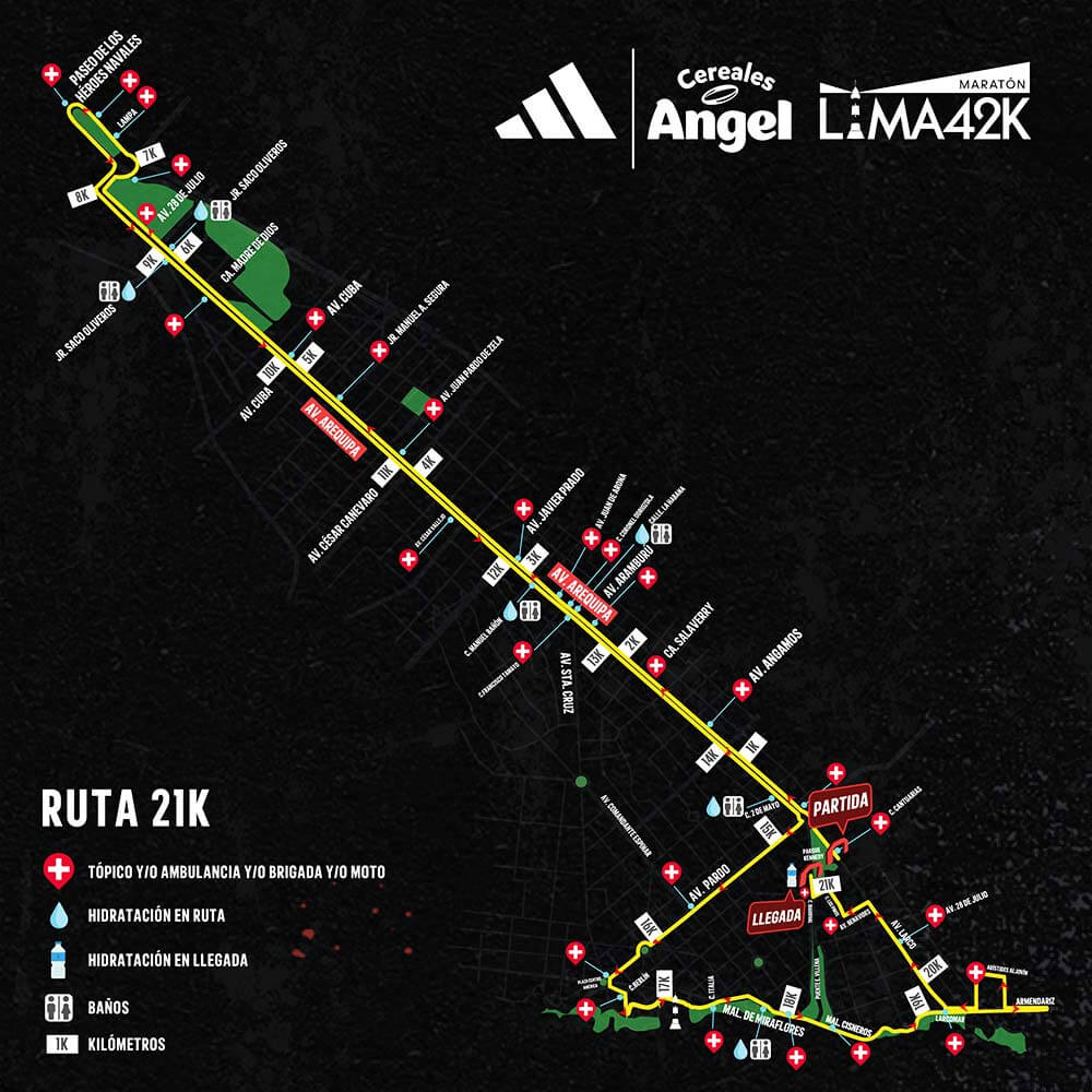 Mapa de la Ruta 21K de la Maratón Cereales Ángel Lima 42K 2023