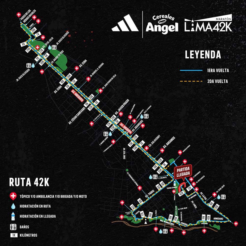 Mapa de la Ruta 42K de la Maratón Cereales Ángel Lima 42K 2023