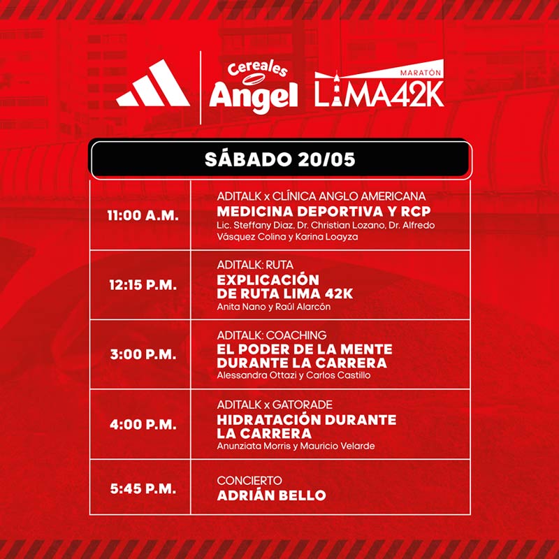 Programa del Sábado 20 de Mayo de la Expo Maratón Cereales Ángel Lima 42K 2023